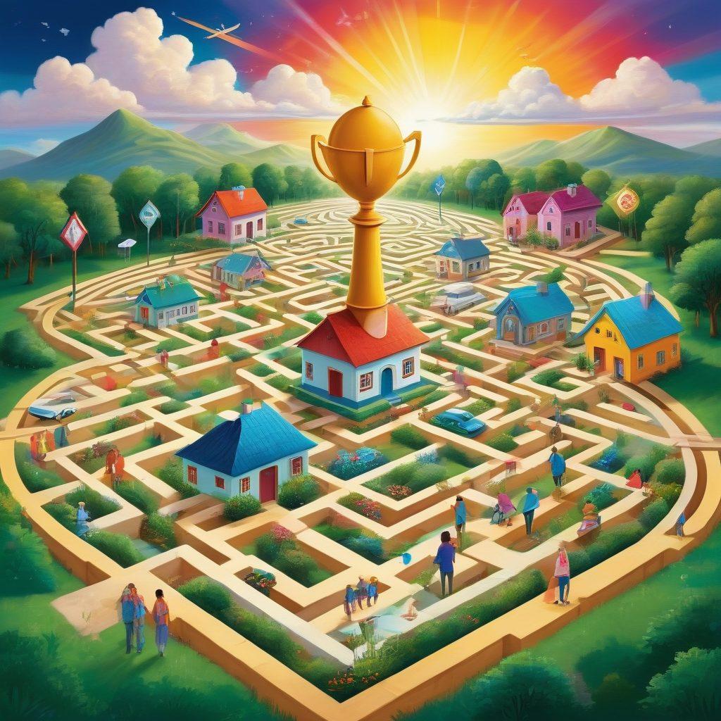 A detailed illustration of a diverse group of people navigating a colorful maze shaped like various insurance symbols, such as houses, cars, and health items, with pathways labeled as different types of coverage. Brightly colored arrows lead them to a golden trophy representing 'Perfect Match.' The background features a sky filled with clouds and rays of sunlight breaking through, symbolizing hope and guidance. whimsical art style, vibrant colors.