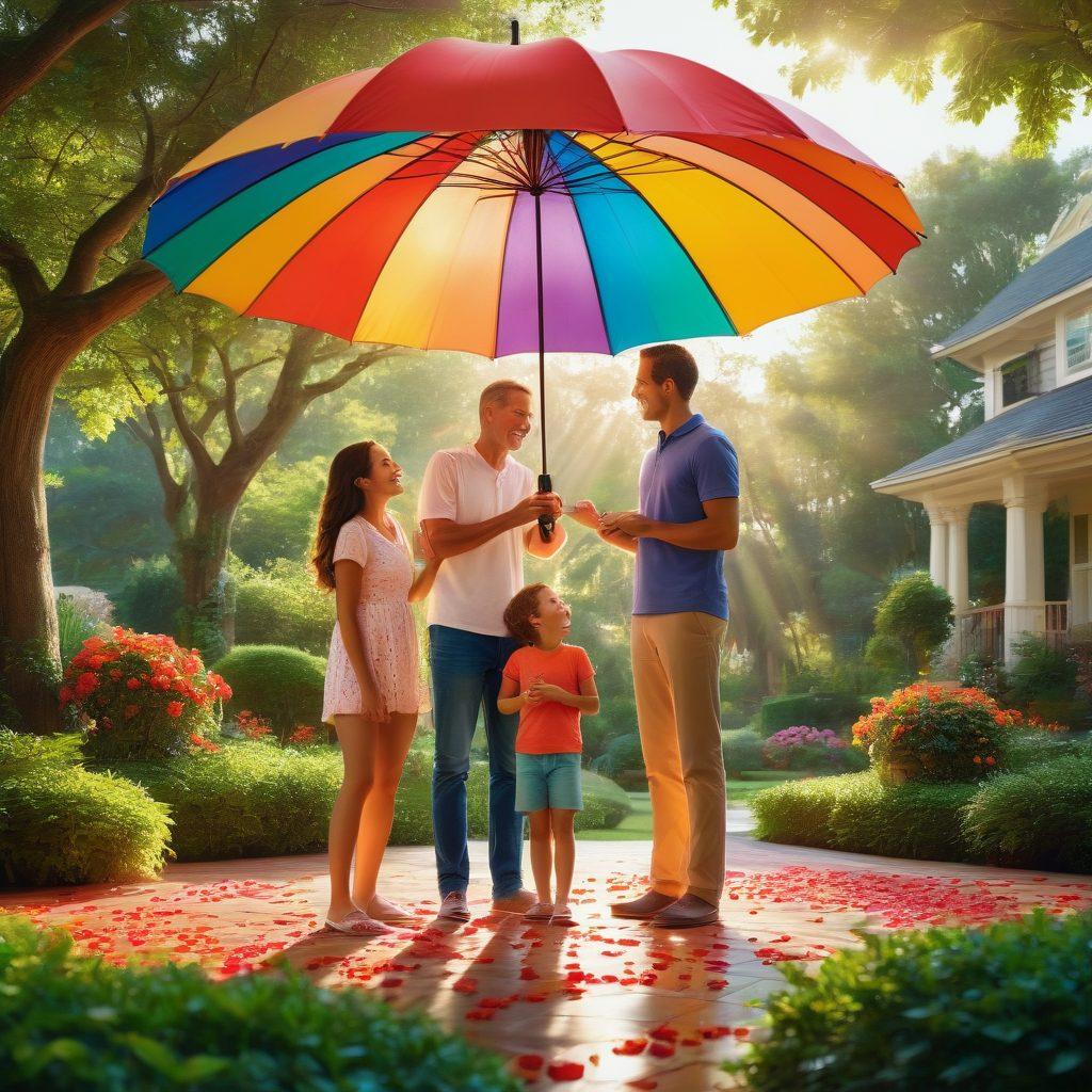 A warm family scene featuring parents and children engaging in a playful outdoor activity, with symbolic elements like a protective umbrella, heart shapes, and financial icons in the background representing security and love through insurance. The environment is vibrant and inviting, depicting a sunny day with lush greenery. super-realistic. vibrant colors. soft focus.